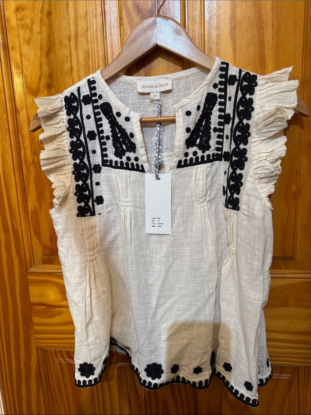 Jennifer Behr Cream Top with Black Floral Embroidery